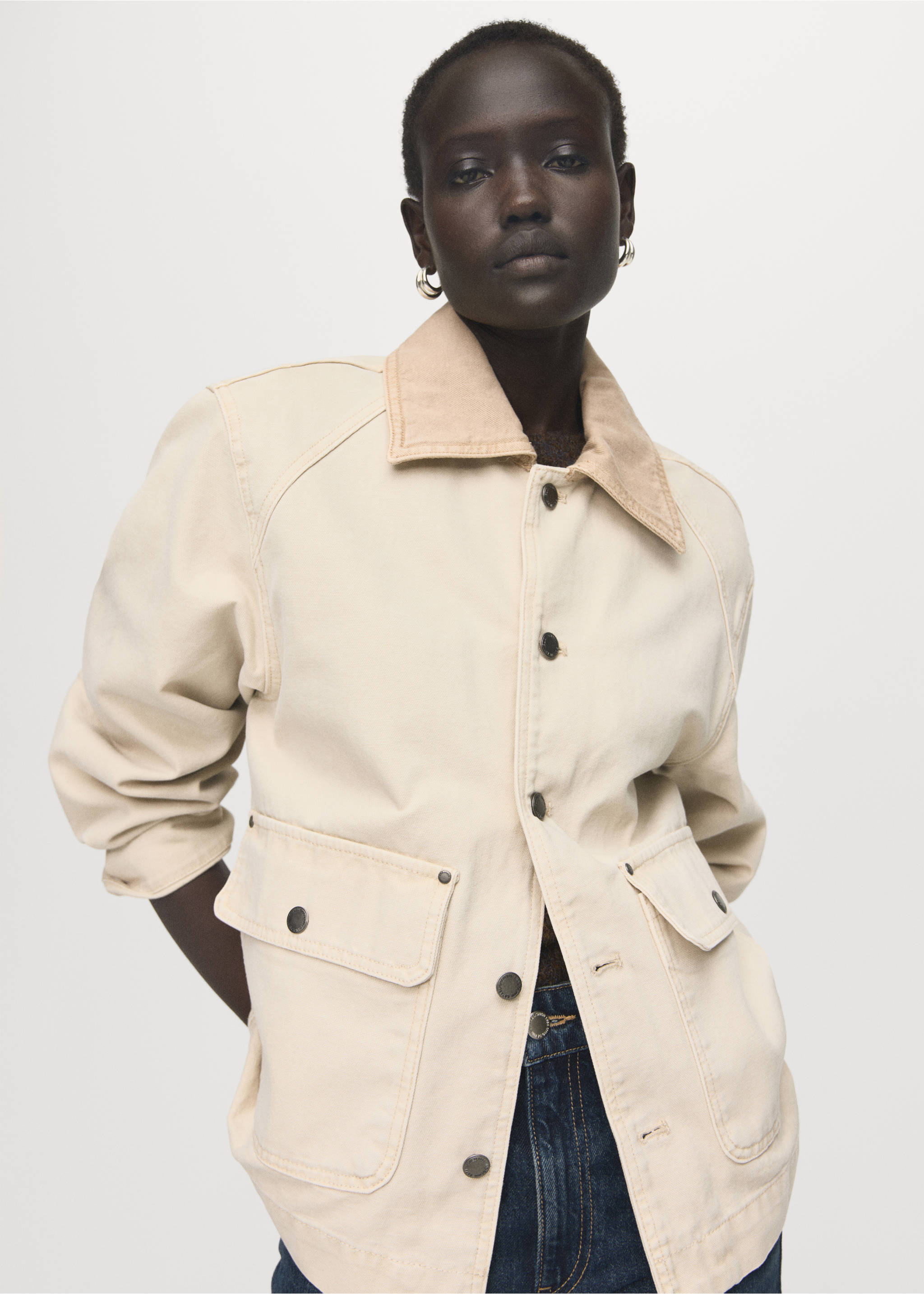 对比色领口牛仔布派克大衣 - null, 米色. Ref: 17063319-00.