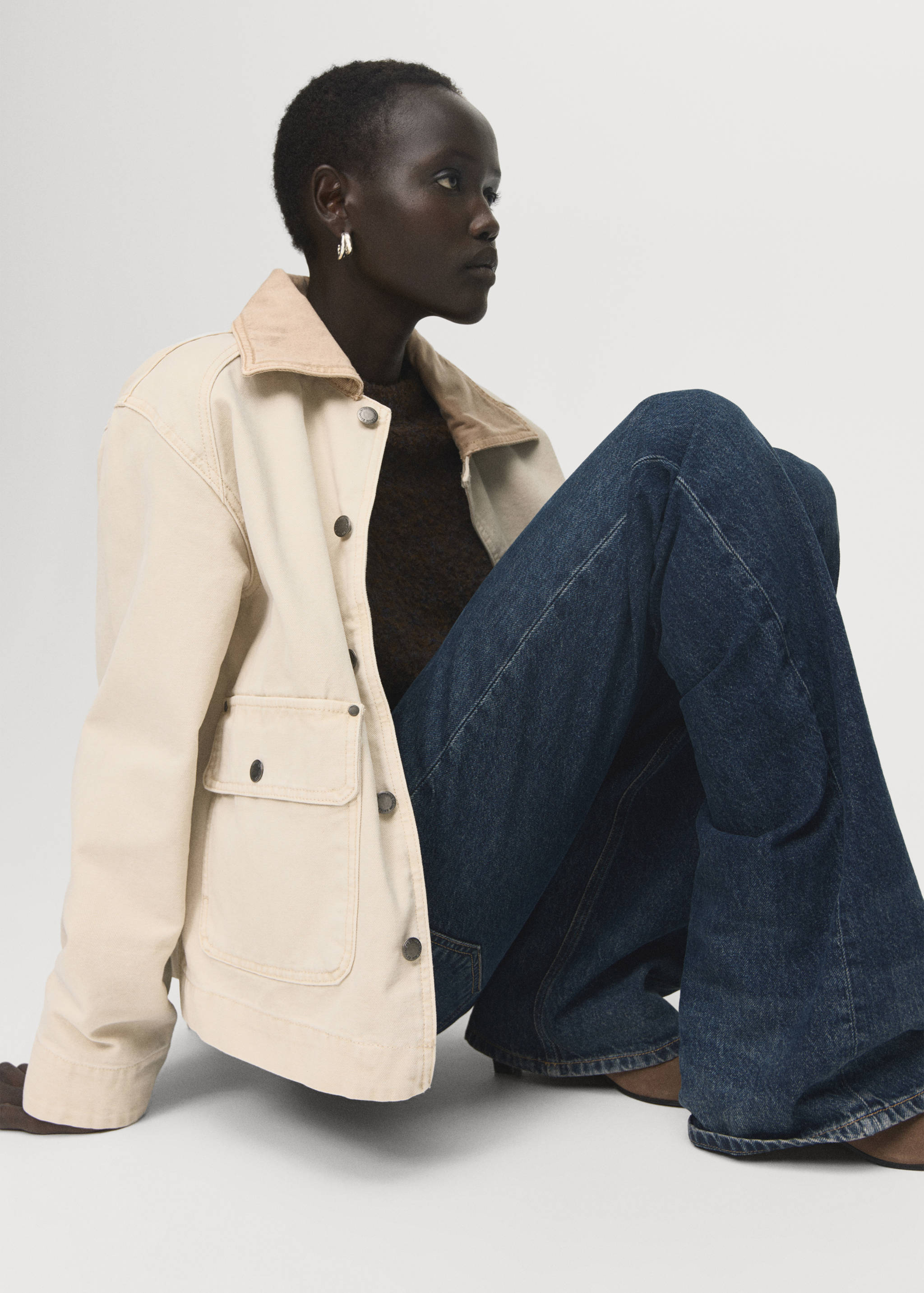 对比色领口牛仔布派克大衣 - null