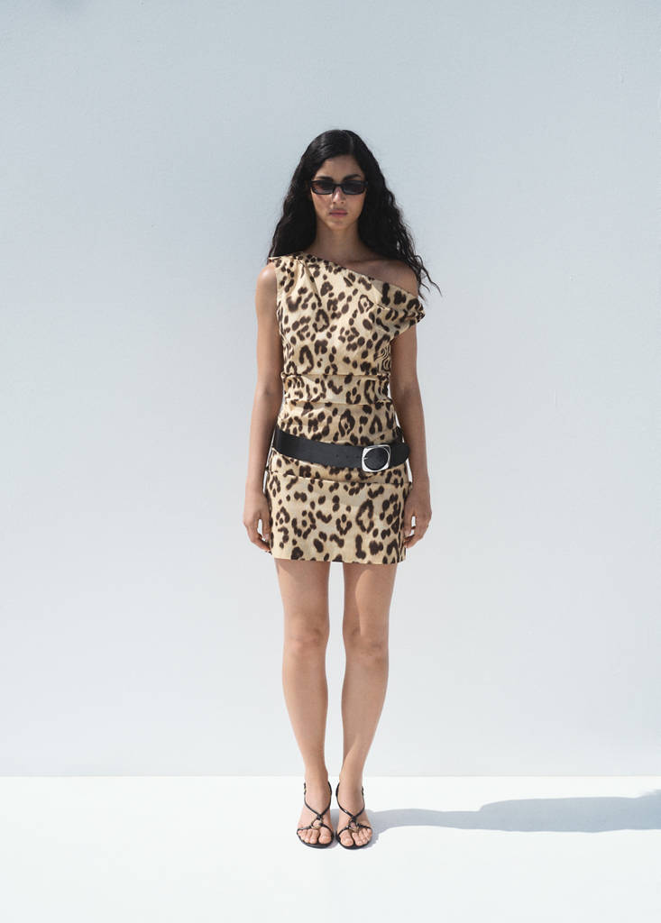 Leopard-print asymmetrical-neckline dress — Beige