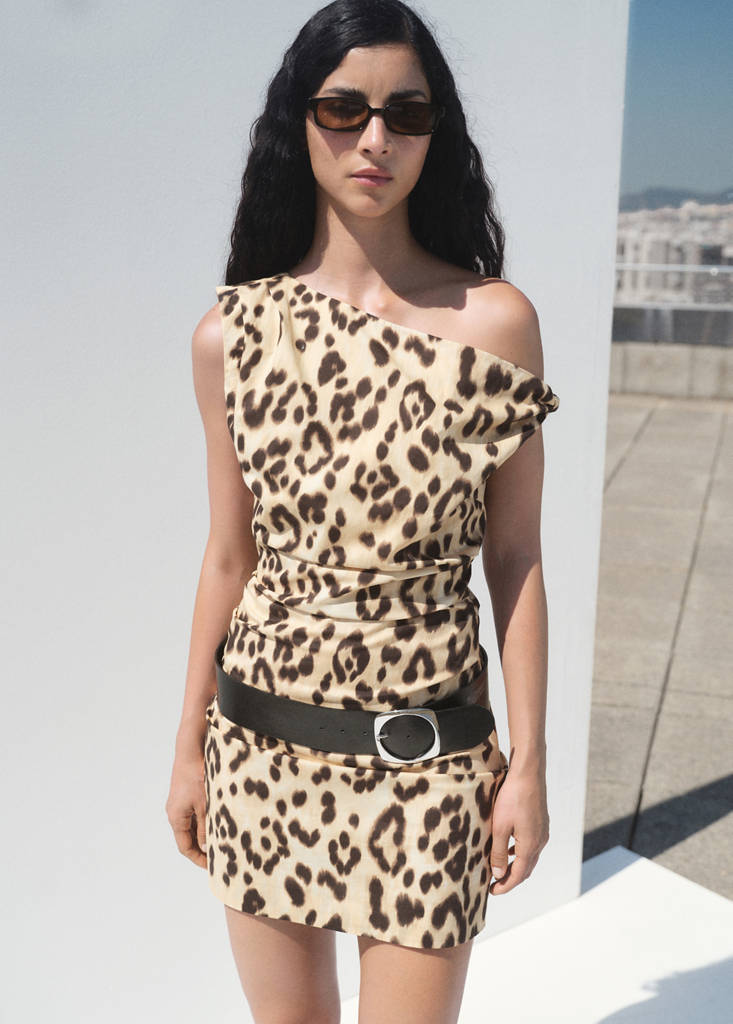 Leopard-print asymmetrical-neckline dress — Beige