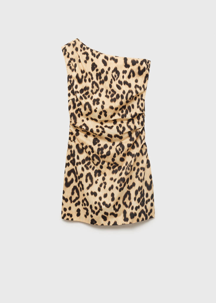 Leopard-print asymmetrical-neckline dress — Beige