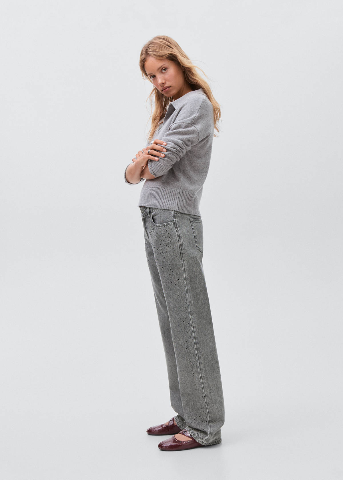 Straight-fit jeans with rhinestones — Denim Grey