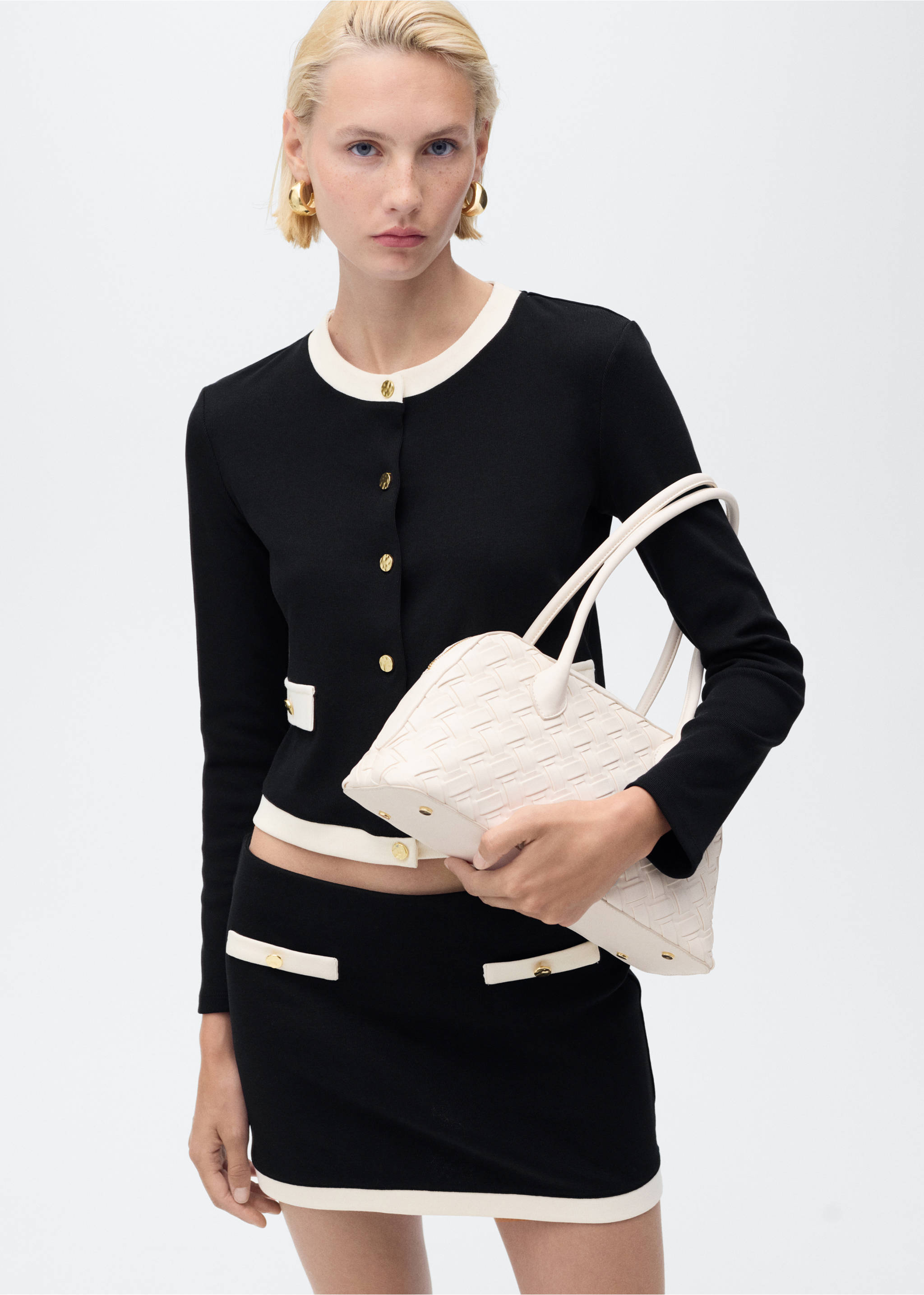Contrasting cotton cardigan - Medium plane, Black. Ref: 17064082-00.