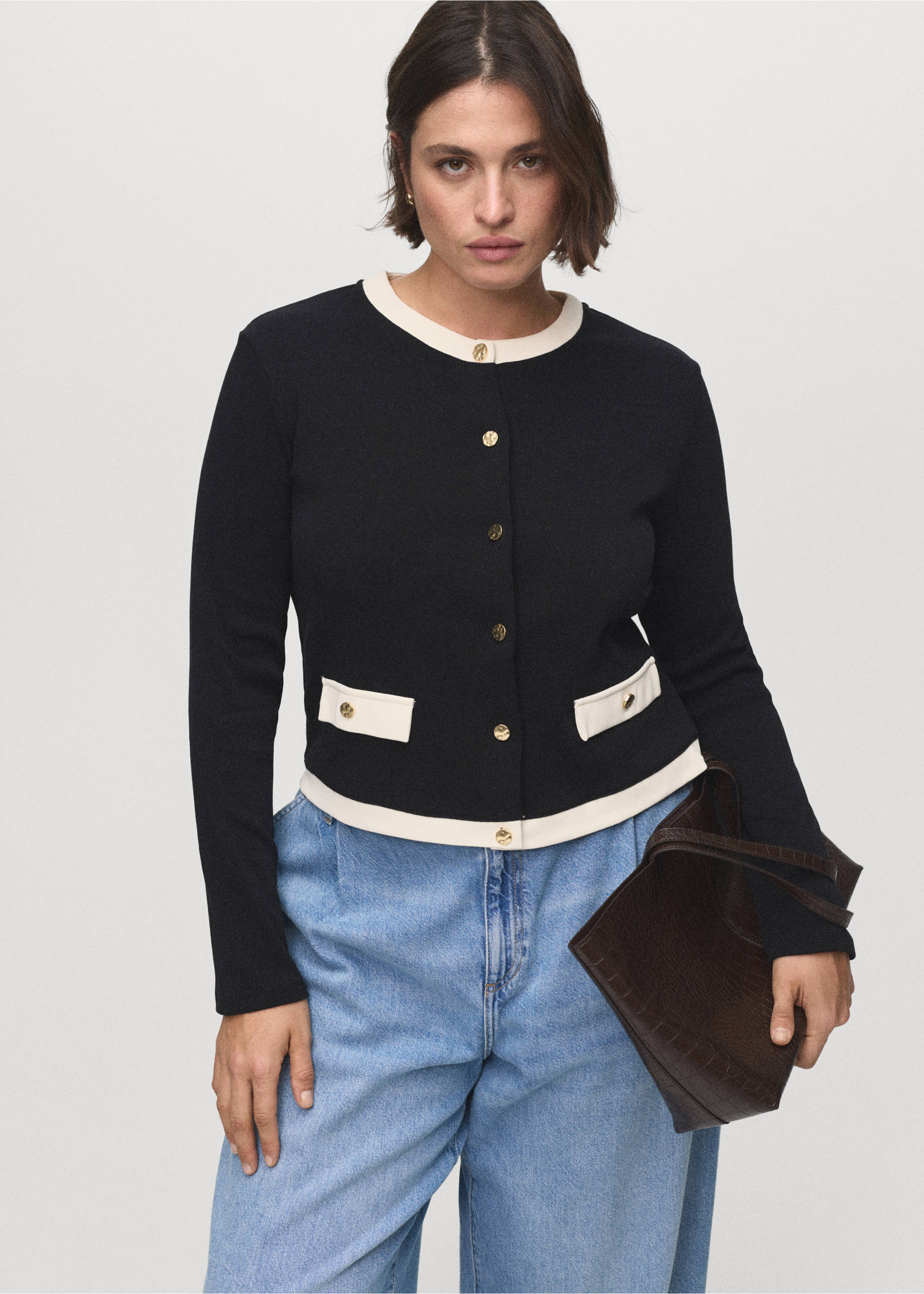 Contrasting cotton cardigan - Details of the article 5, Black. Ref: 17064082-00.