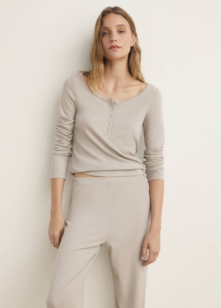 Ribbed knit button-down T-shirt — Light/Pastel Grey