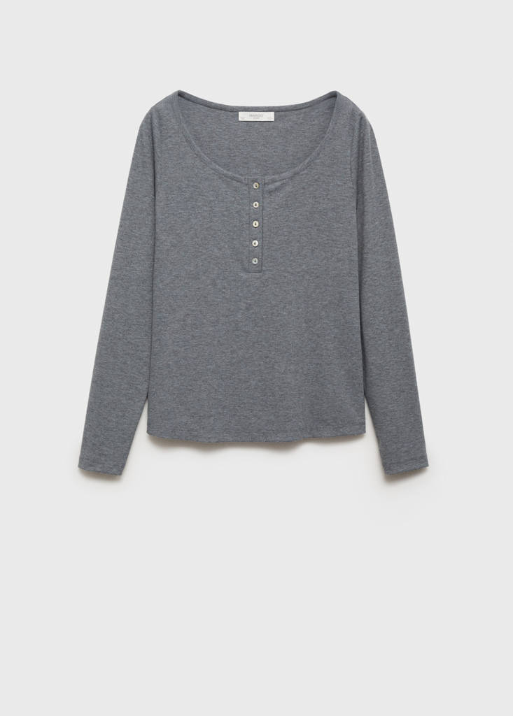 Ribbed knit button-down T-shirt — Medium Heather Grey