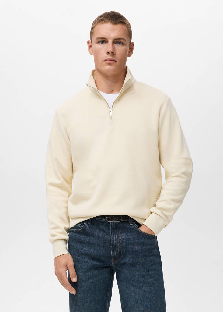 Regular-fit cotton sweatshirt with zip — Ecru