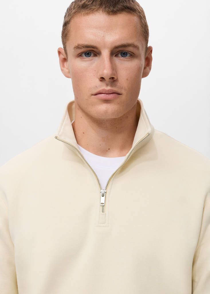 Regular-fit cotton sweatshirt with zip — Ecru
