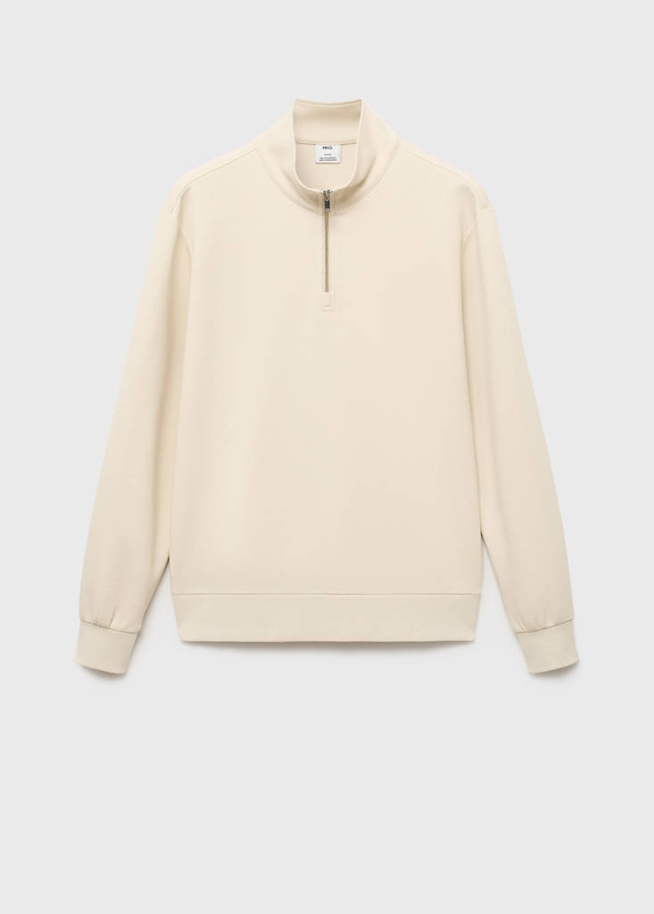 Regular-fit cotton sweatshirt with zip — Ecru