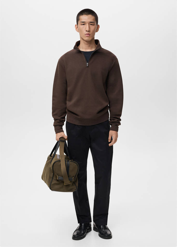 Regular-fit cotton sweatshirt with zip — Chocolate