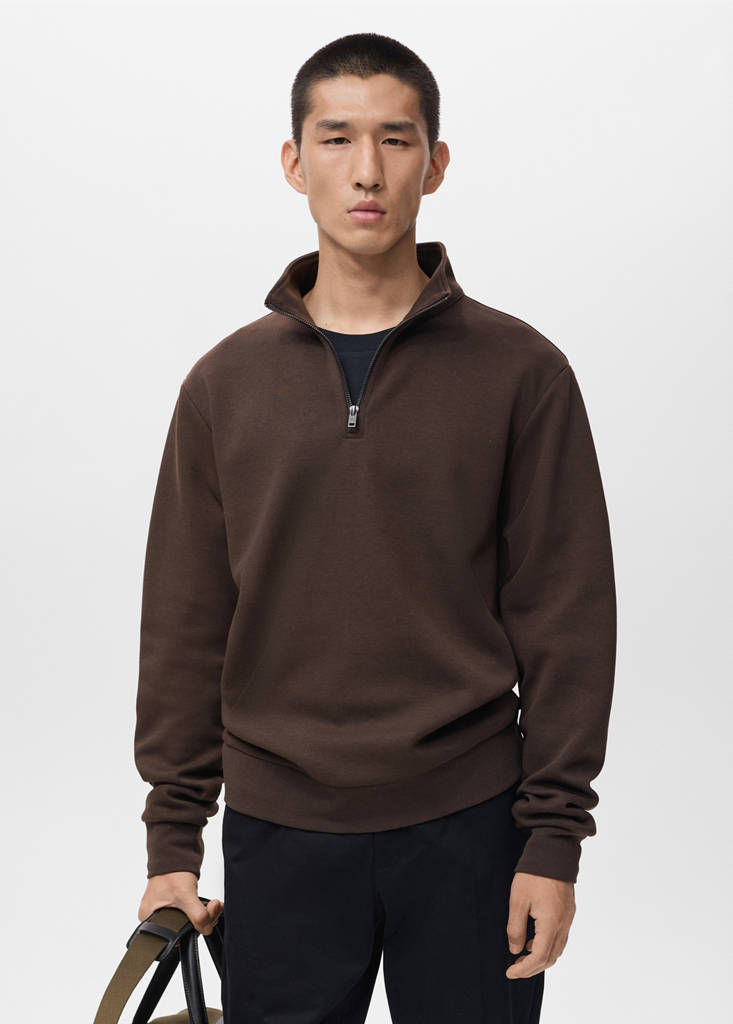 Regular-fit cotton sweatshirt with zip — Chocolate