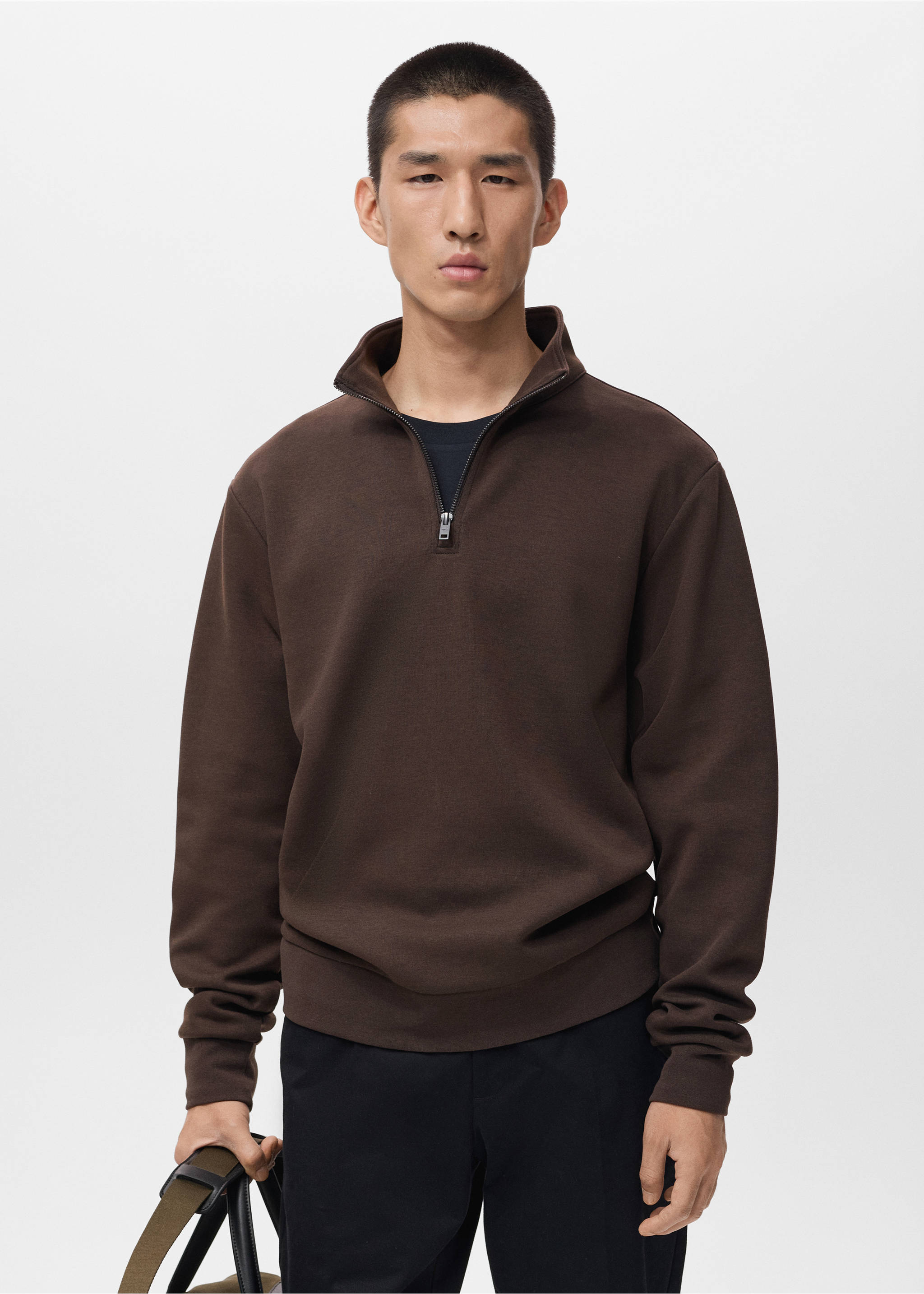 Sudadera algodón regular fit cremallera - Plano medio, Chocolate. Ref: 17064426-00.