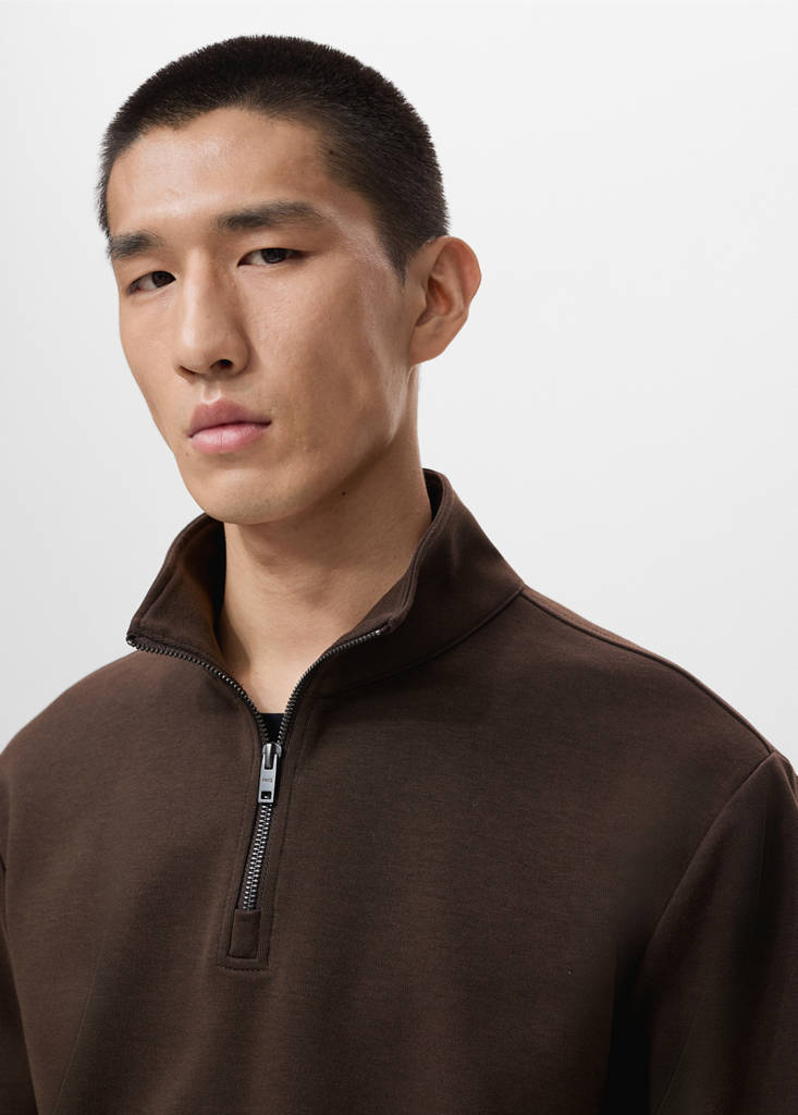 Regular-fit cotton sweatshirt with zip — Chocolate