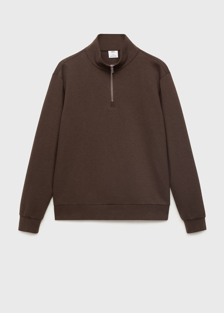 Regular-fit cotton sweatshirt with zip — Chocolate