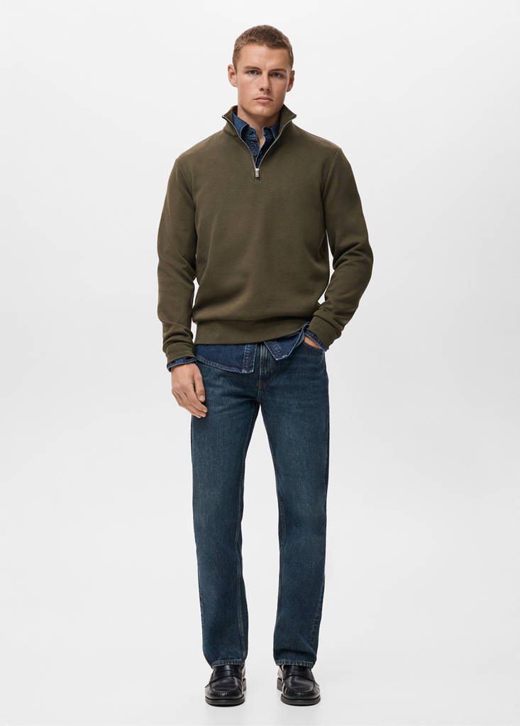 Regular-fit cotton sweatshirt with zip — Olive Green