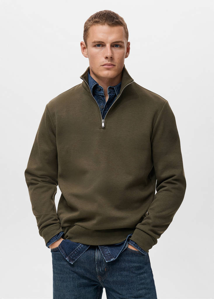 Regular-fit cotton sweatshirt with zip — Olive Green