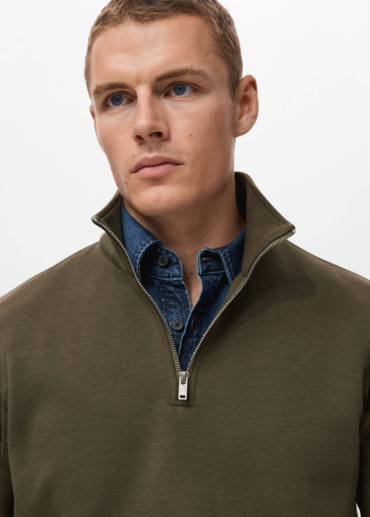 Regular-fit cotton sweatshirt with zip — Olive Green