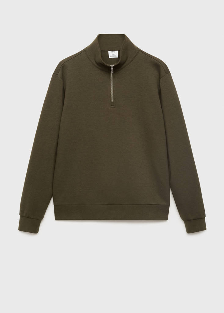 Regular-fit cotton sweatshirt with zip — Olive Green