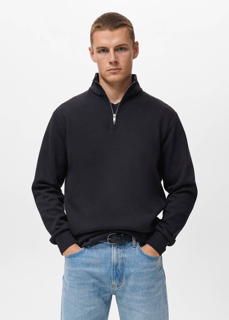 Regular-fit cotton sweatshirt with zip — Navy