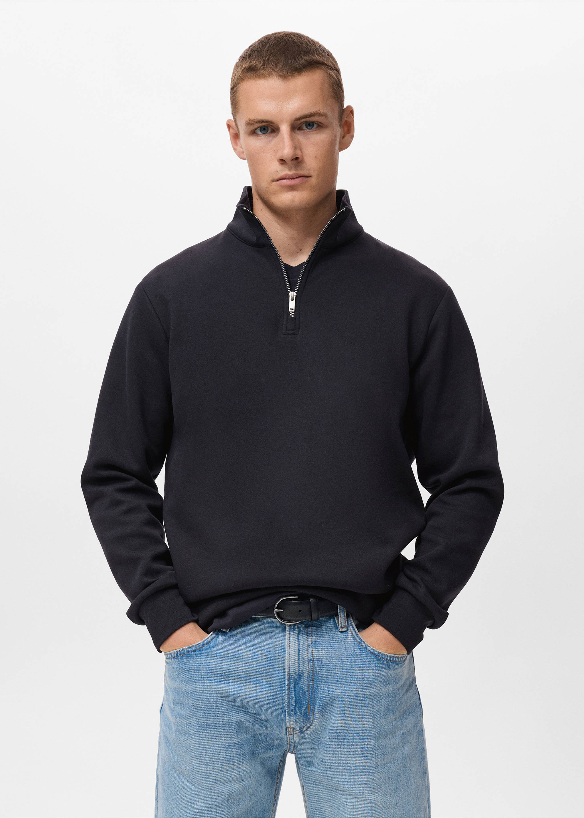 Regular-fit cotton sweatshirt with zip - Medium plane, Navy. Ref: 17064426-00.