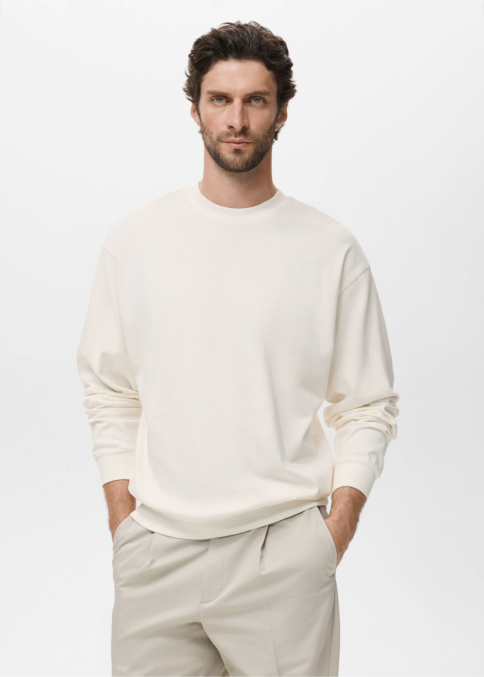 Sudadera 100% algodón relaxed fit - Plano medio, Blanco roto. Ref: 17064432-00.