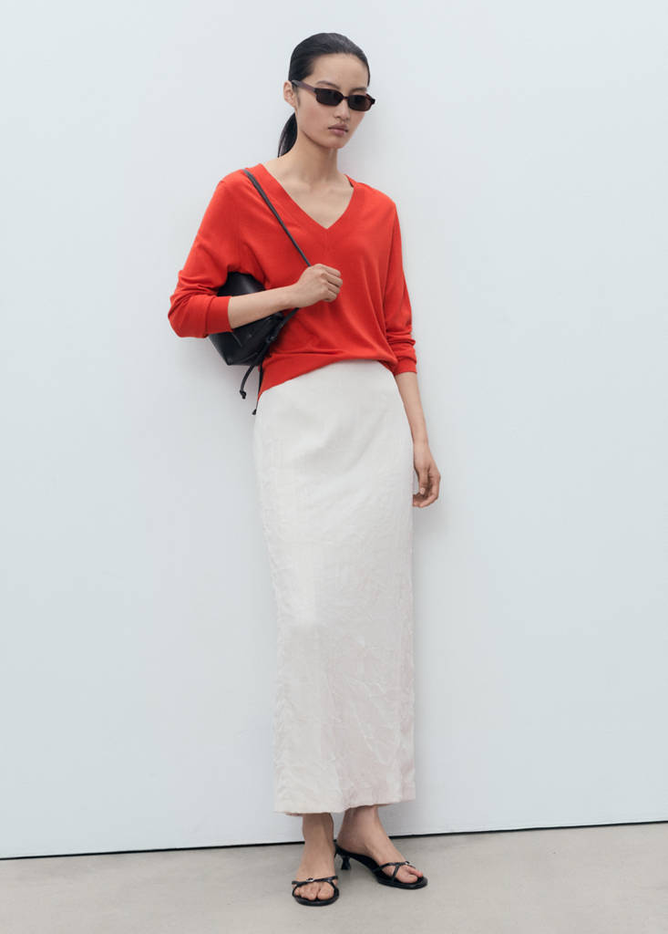MANGO - Pull-over maille fine col V orange foncé - L