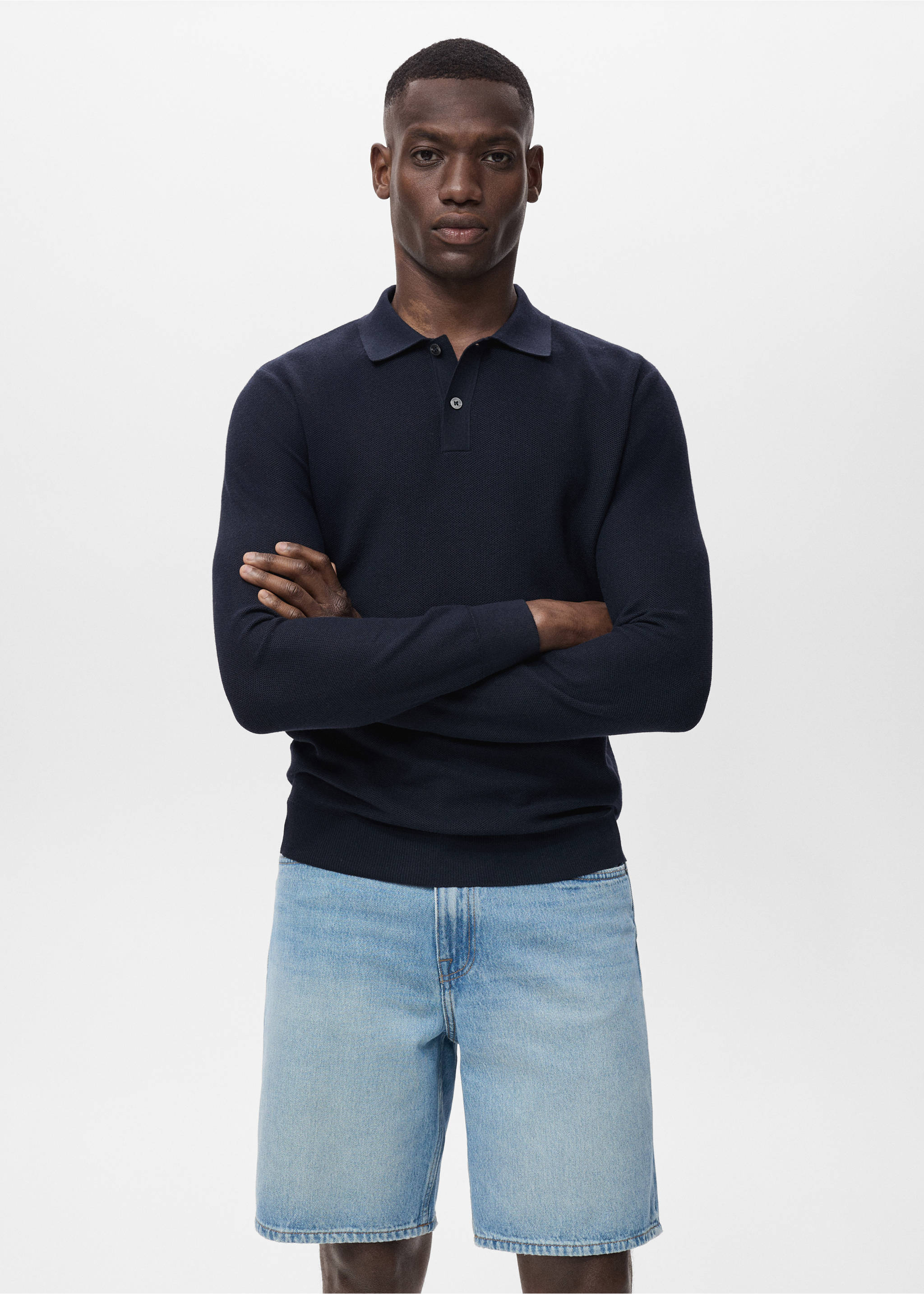 Micro-structured cotton polo shirt - Medium plane, Navy. Ref: 17065145-00.