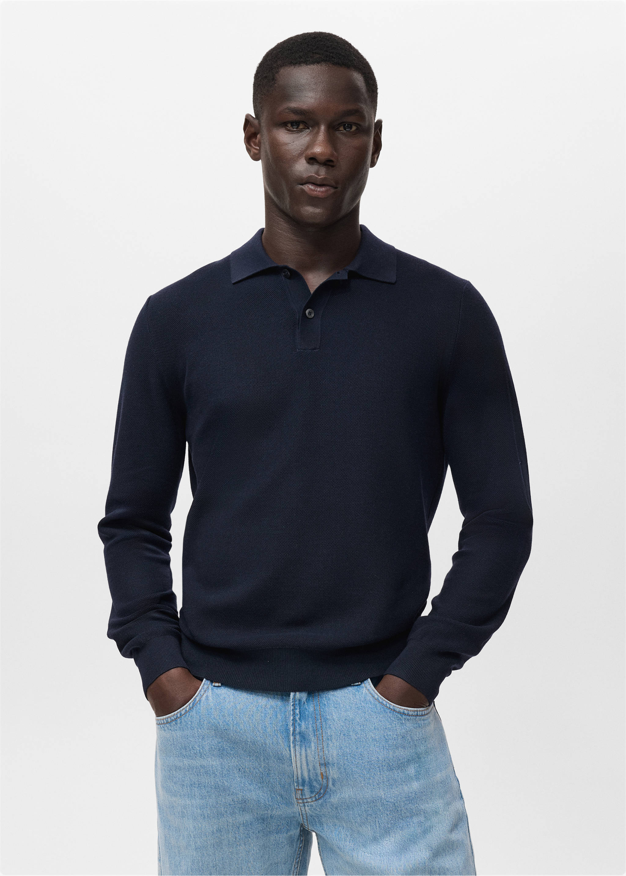 Micro-structured cotton polo shirt - Medium plane, Navy. Ref: 17065145-01.