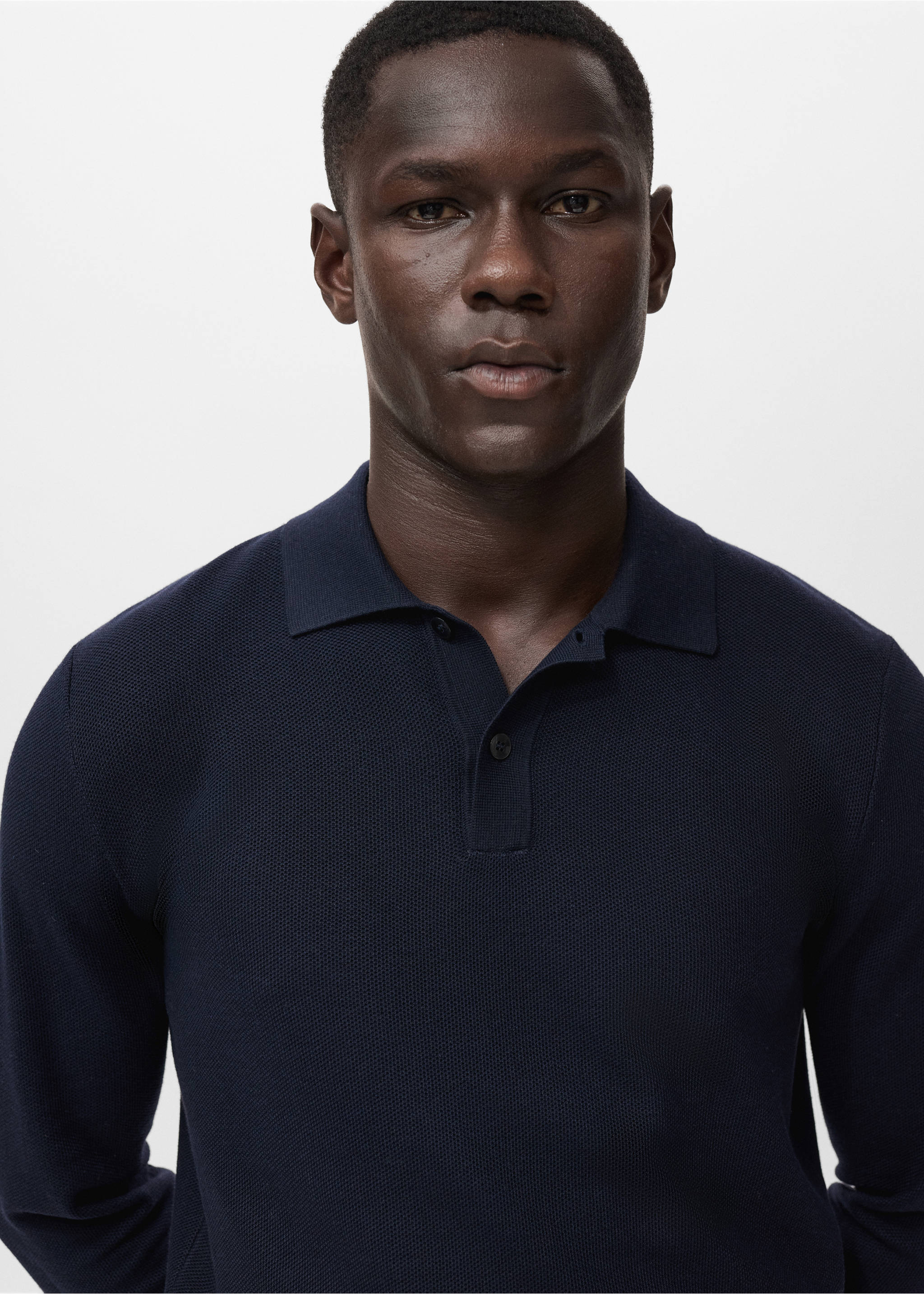 Micro-structured cotton polo shirt - Details of the article 1, Navy. Ref: 17065145-01.