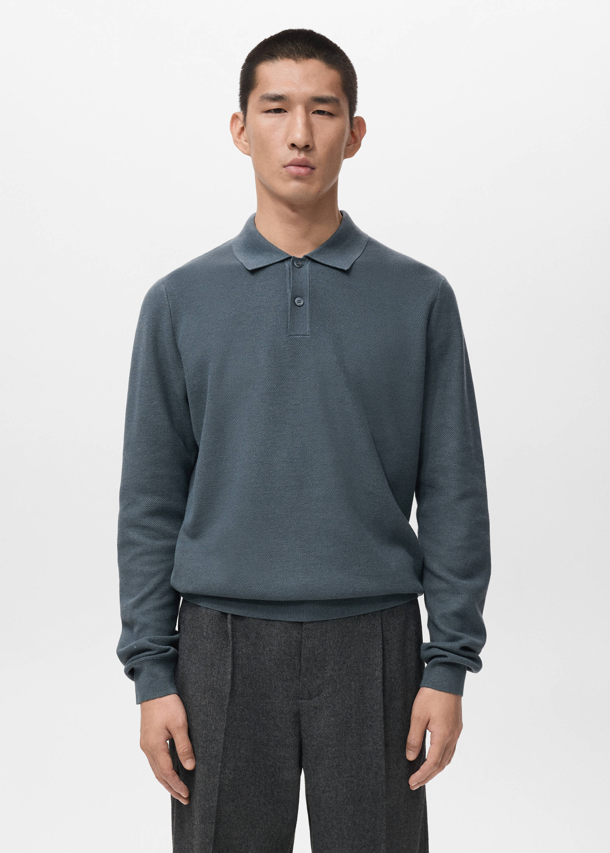 Baumwoll-Pullover mit Polokragen und Mikrostruktur - Mittlere Ansicht