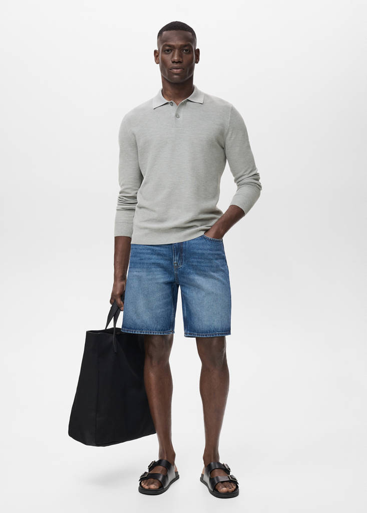 MANGO MAN - Pull-over polo coton microstructure gris chiné moyen - S