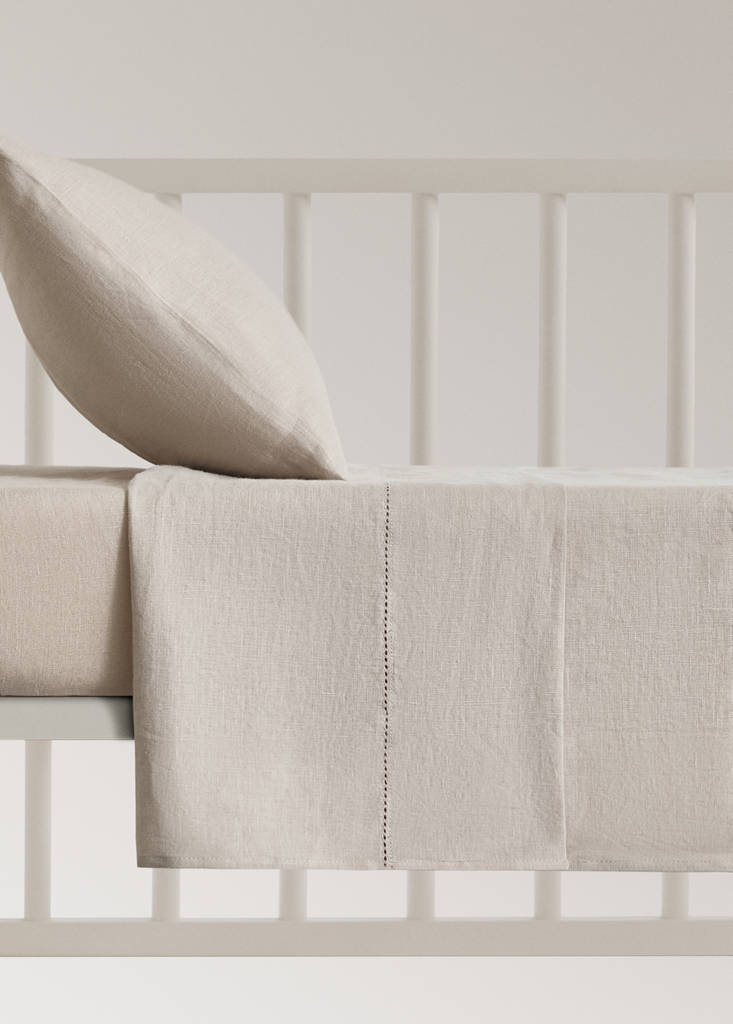 Washed linen top sheet with hemstitch for cot — Medium Brown