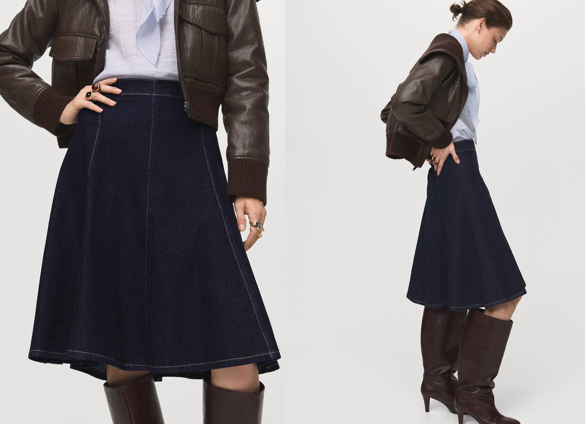 Denim midi-skirt with stitching - Panoramic plane