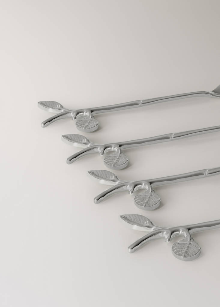 Set of 4 stainless steel coffee spoons with leaf pattern — Grey