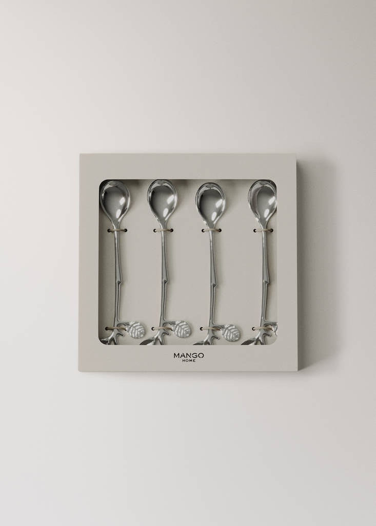 Set of 4 stainless steel coffee spoons with leaf pattern — Grey