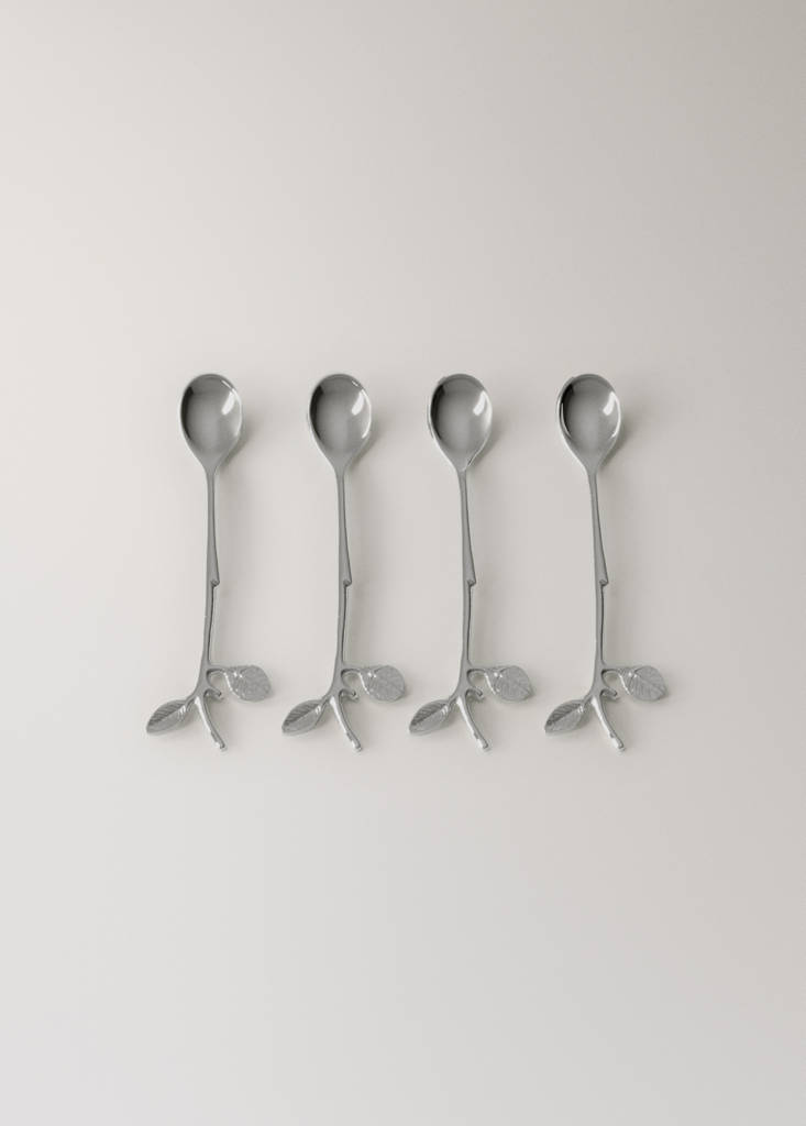 Set of 4 stainless steel coffee spoons with leaf pattern — Grey