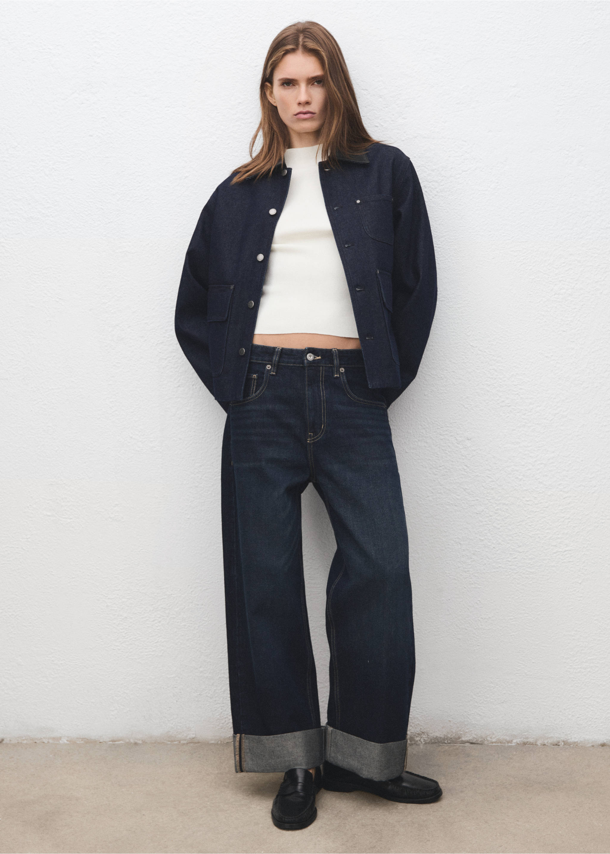 Denim jacket with faux-leather collar - General plane, Open Blue. Ref: 17065812-00.