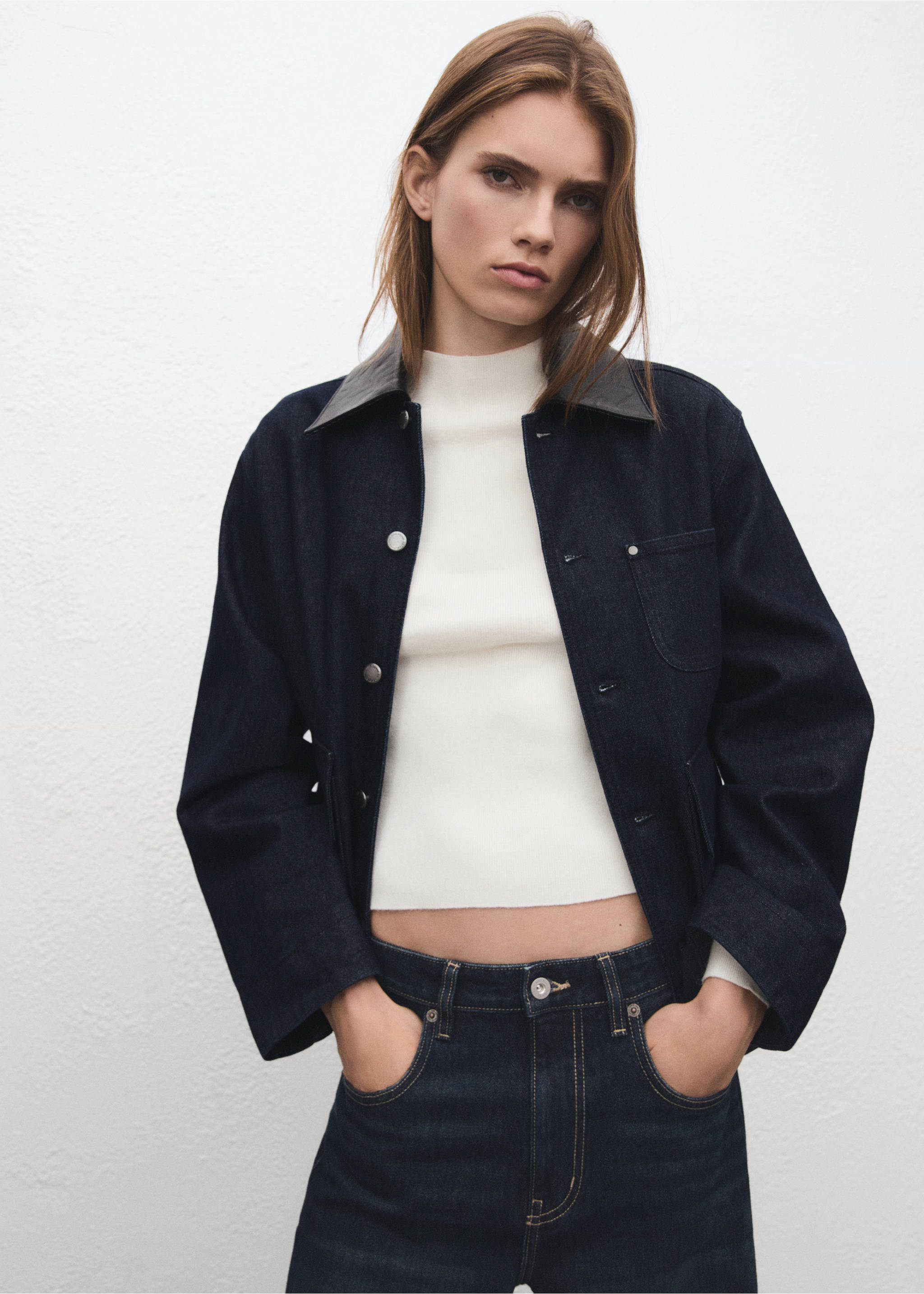Denim jacket with faux-leather collar - Medium plane, Open Blue. Ref: 17065812-00.