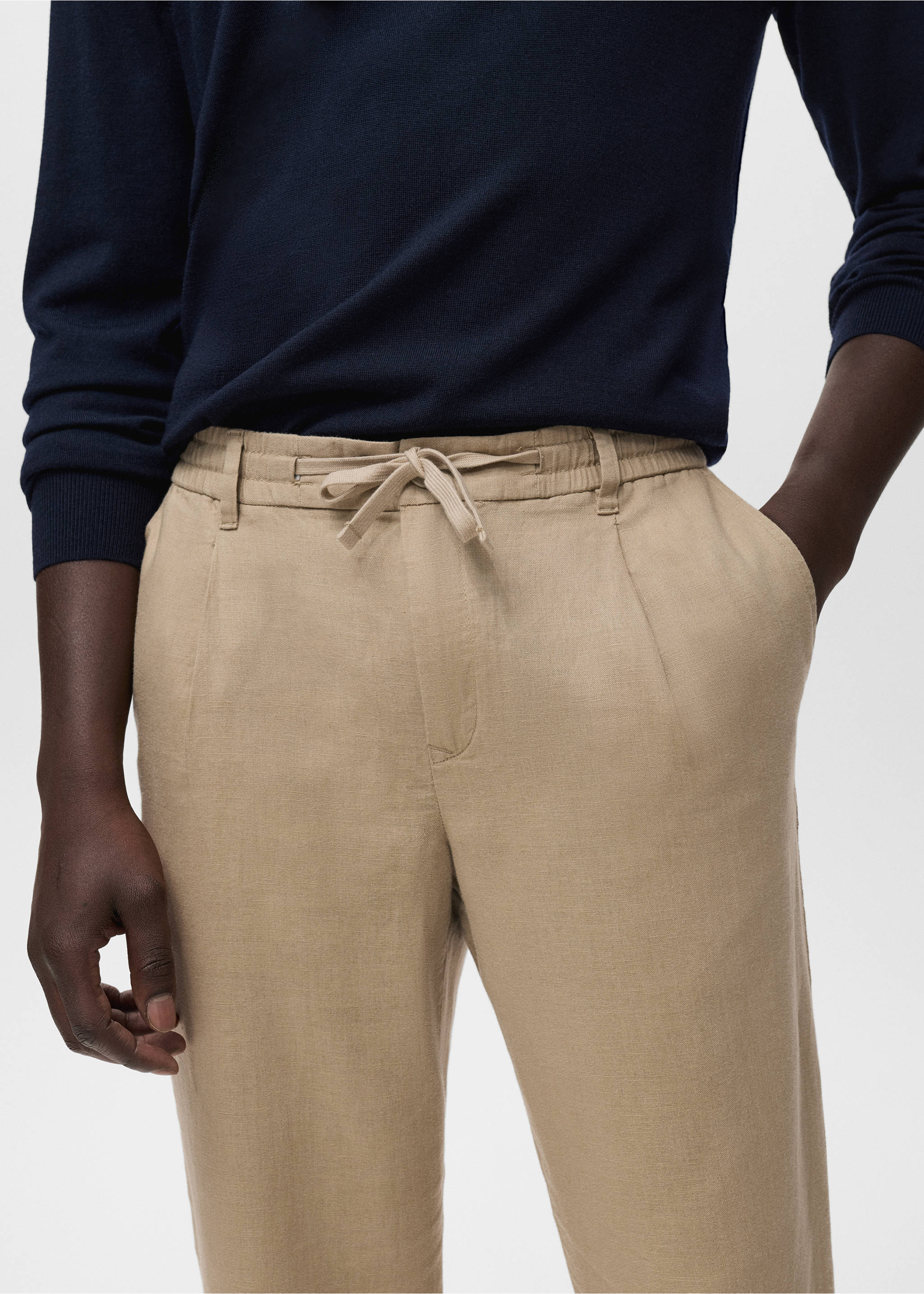 Slim-fit pants with drawstring - Details of the article 1, Beige. Ref: 17065975-00.