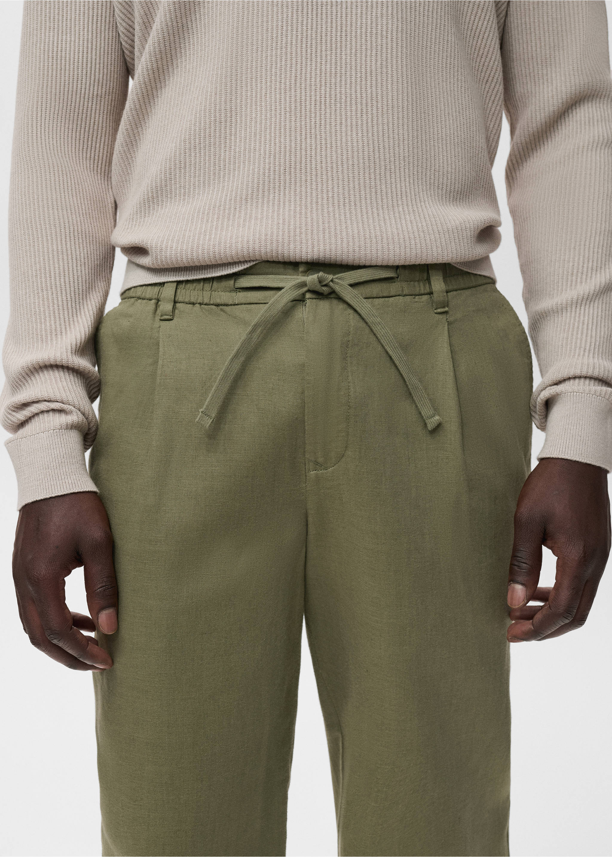 Slim-fit pants with drawstring - Details of the article 1, Khaki. Ref: 17065975-00.