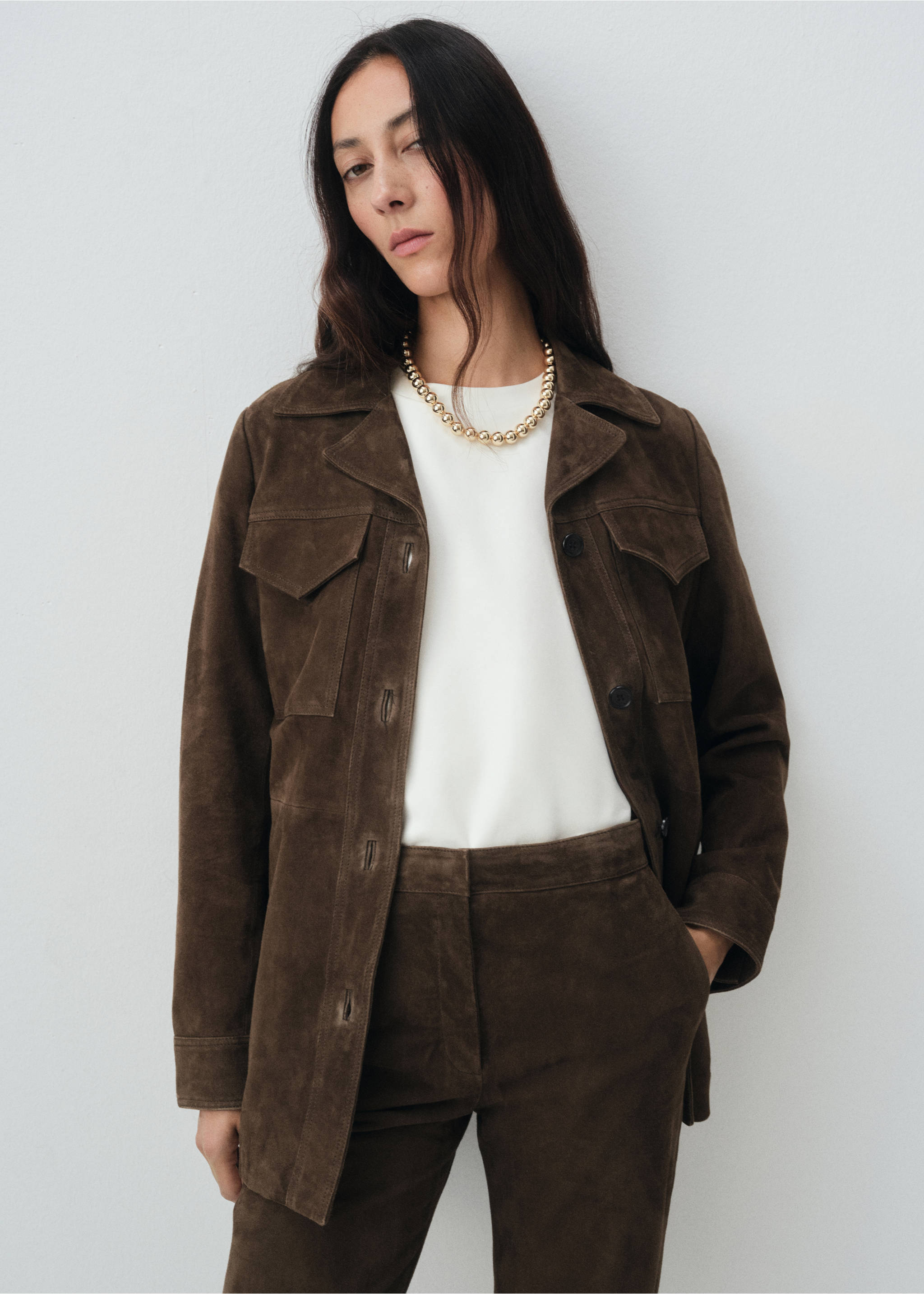 Pantalon évasé 100 % daim - Détail de l'article 1, Kaki. Ref: 17066344-00.