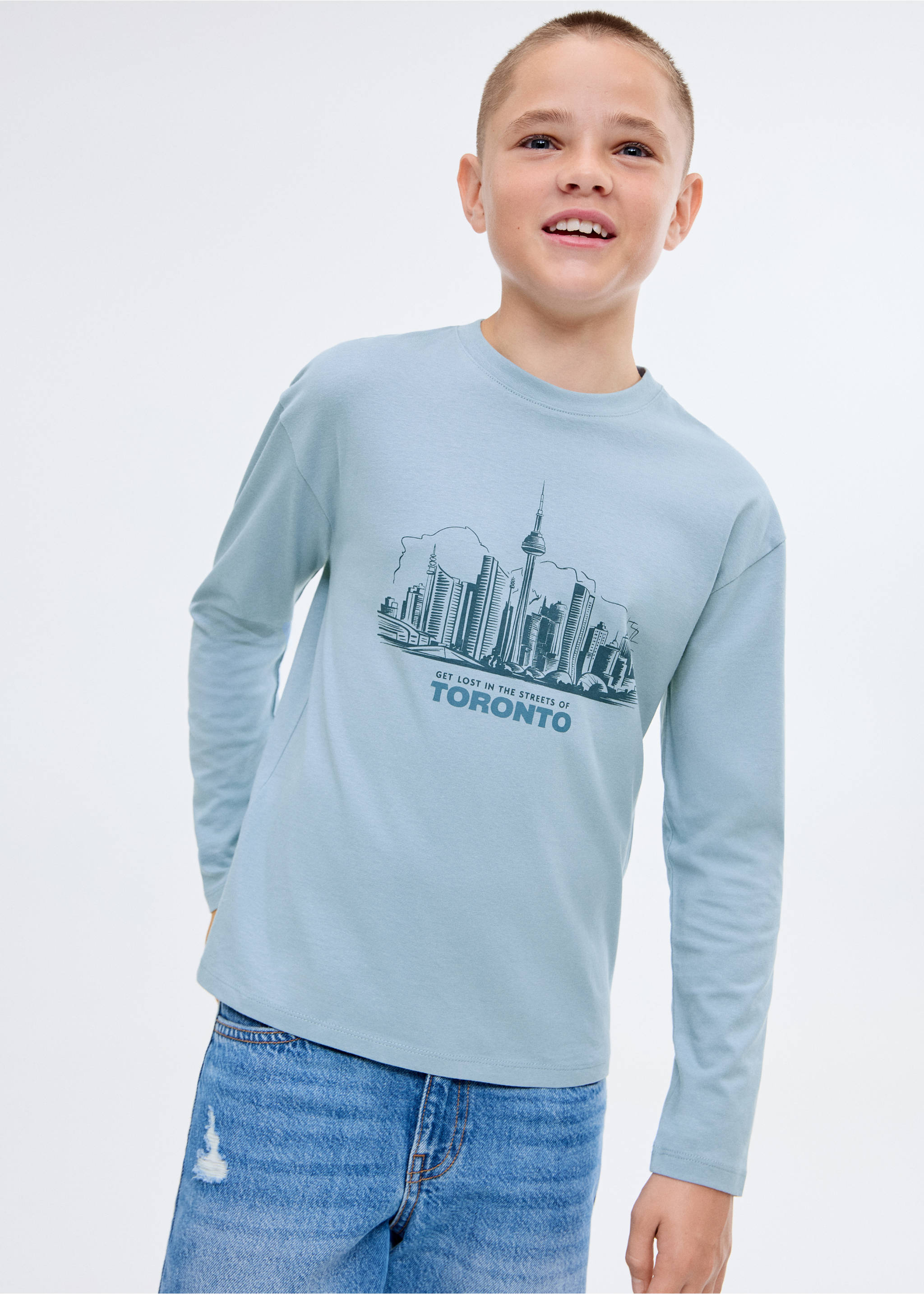 T-shirt manches longues imprimé - Plan moyen, Bleu. Ref: 17066728-00.