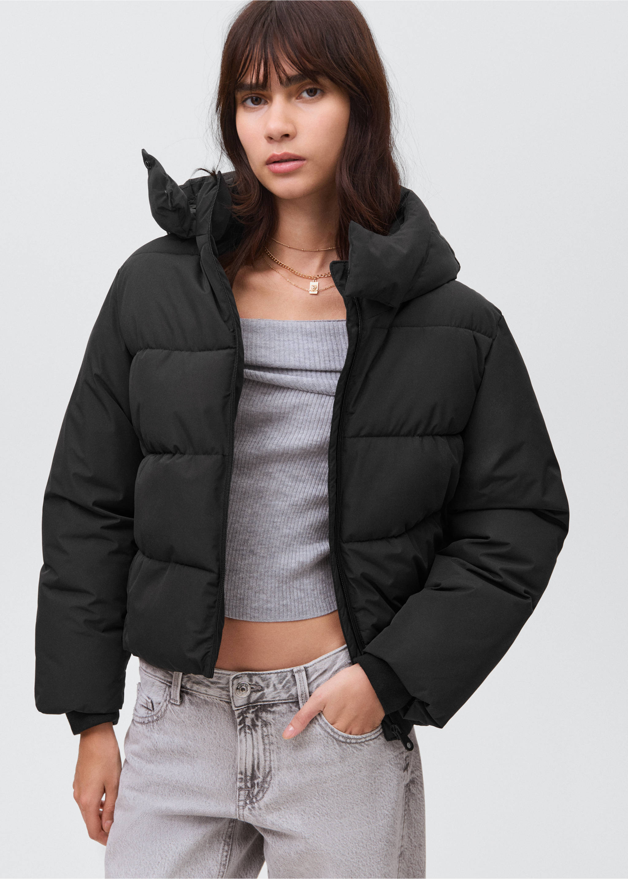 Anorak acolchado capucha - Plano medio, Negro. Ref: 17067121-00.
