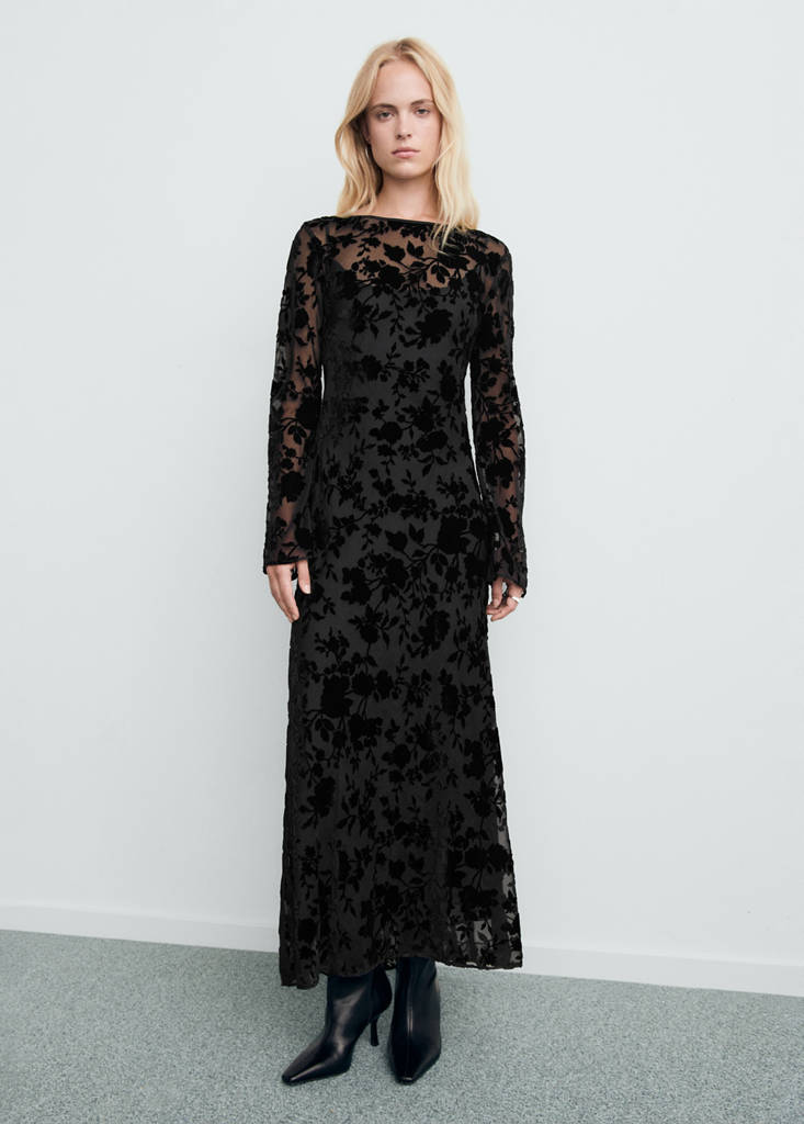 MANGO - Robe jacquard floral manches cloche noir - S