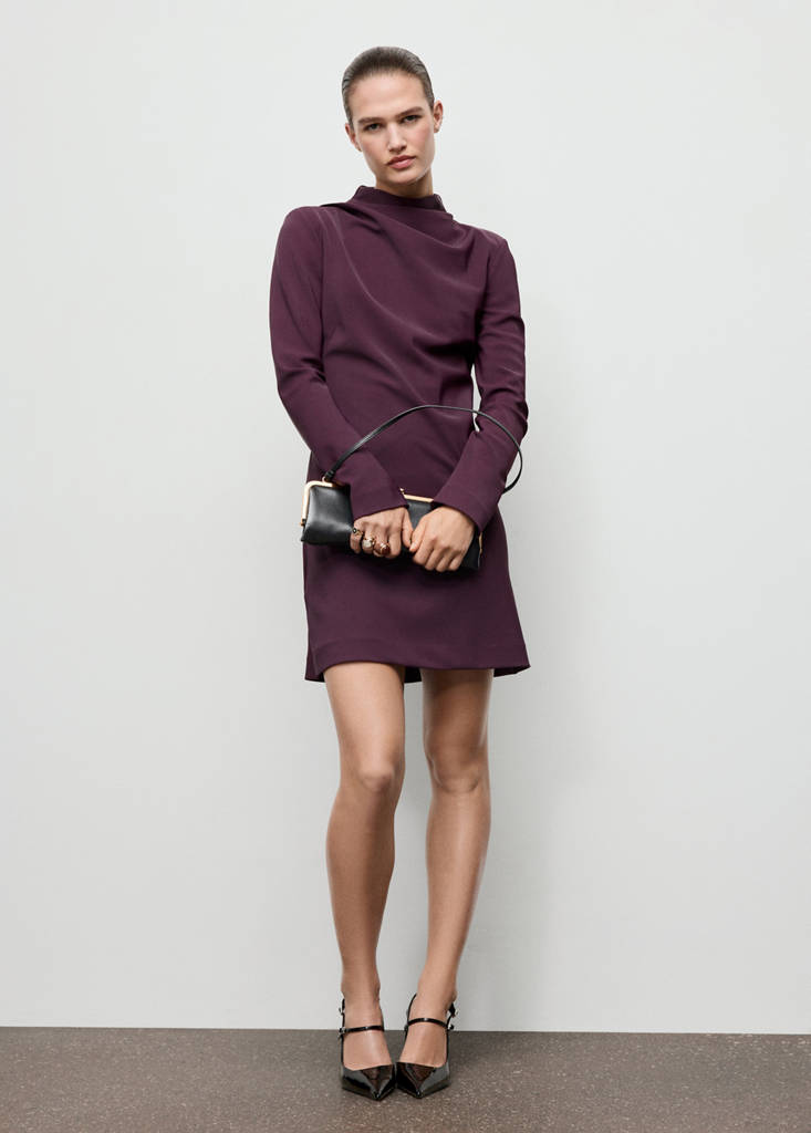Long-sleeved dress with draped neck — Purple
