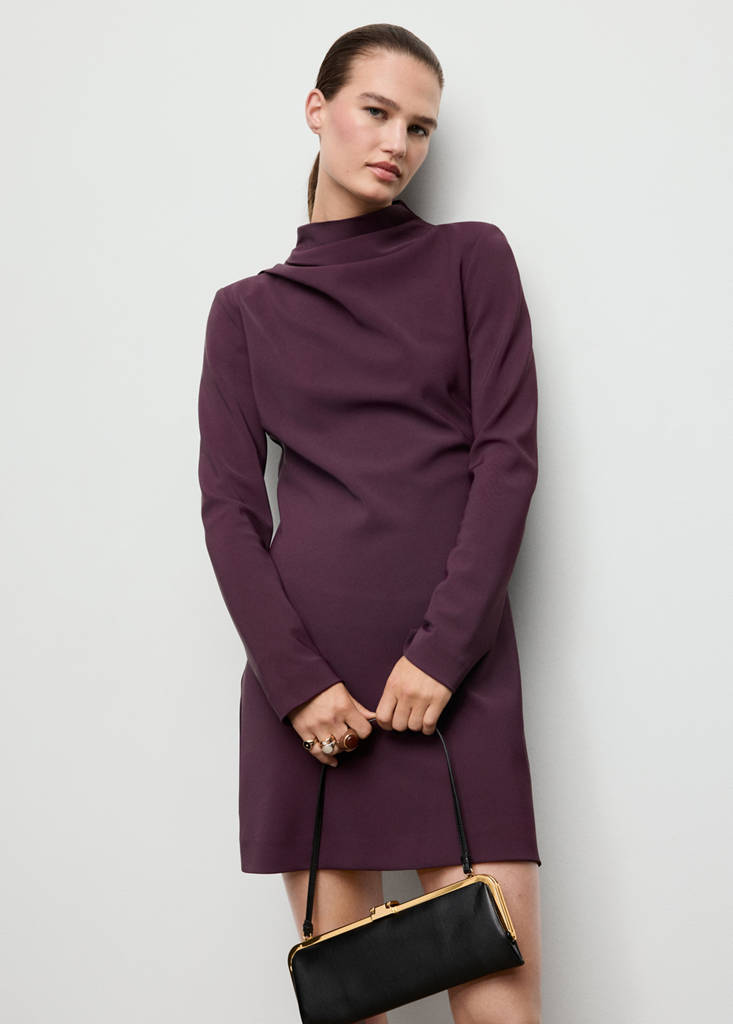 Long-sleeved dress with draped neck — Purple