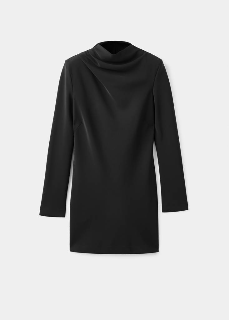 Long-sleeved dress with draped neck — Black