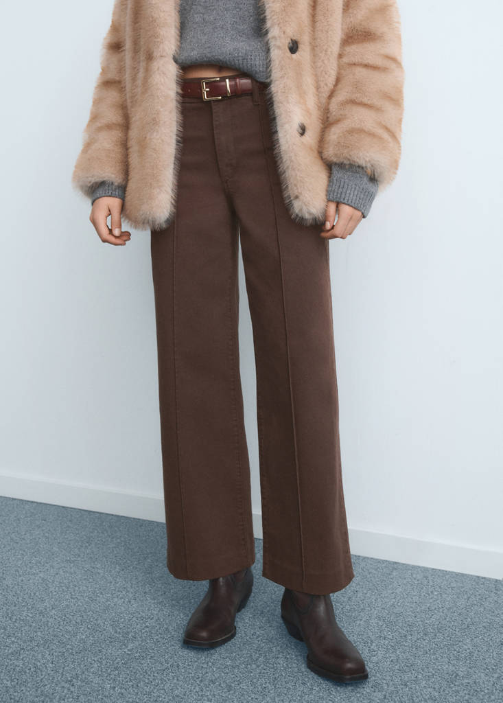 High-waisted wide leg jeans with stitching — Chocolate