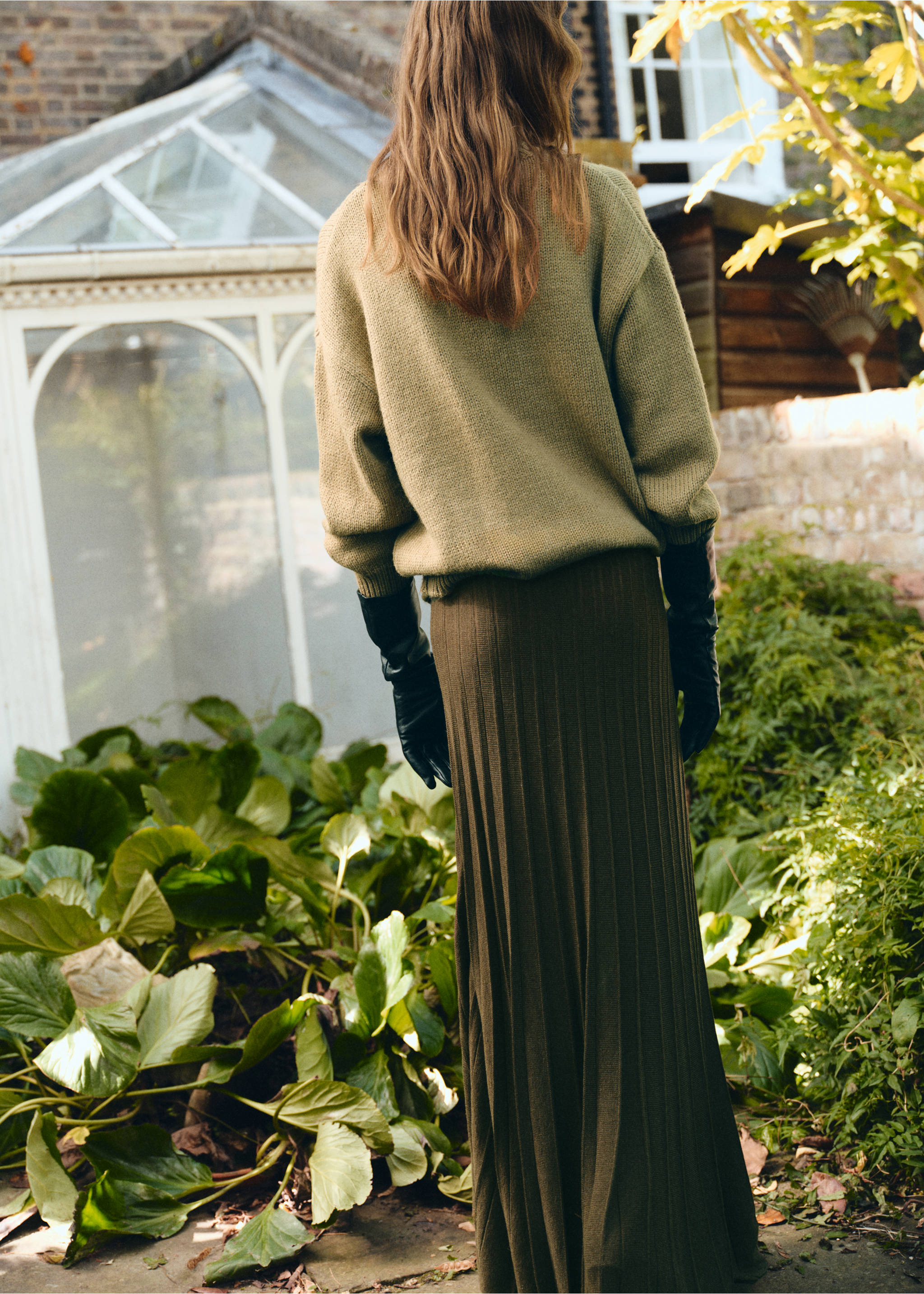 Jupe plissée maille - Verso de l’article, Kaki. Ref: 17067791-00.