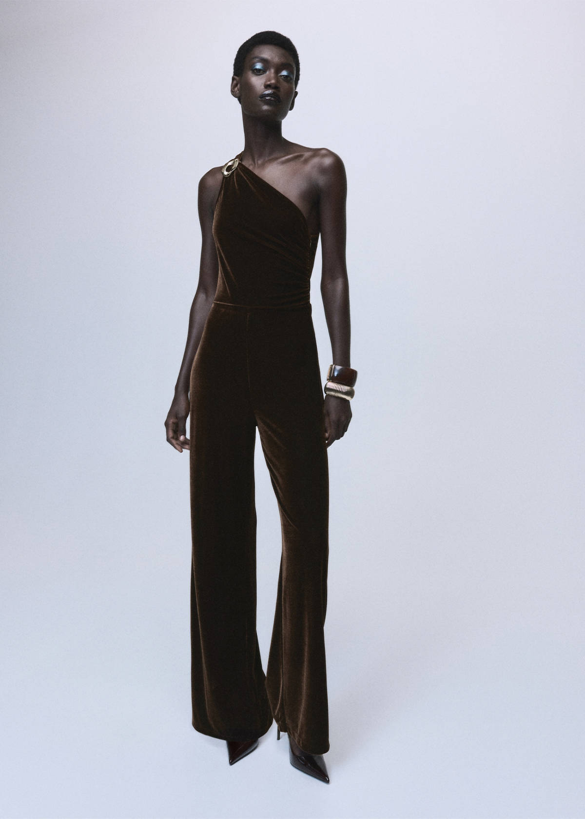 Velvet jumpsuit with metallic detail — Brown